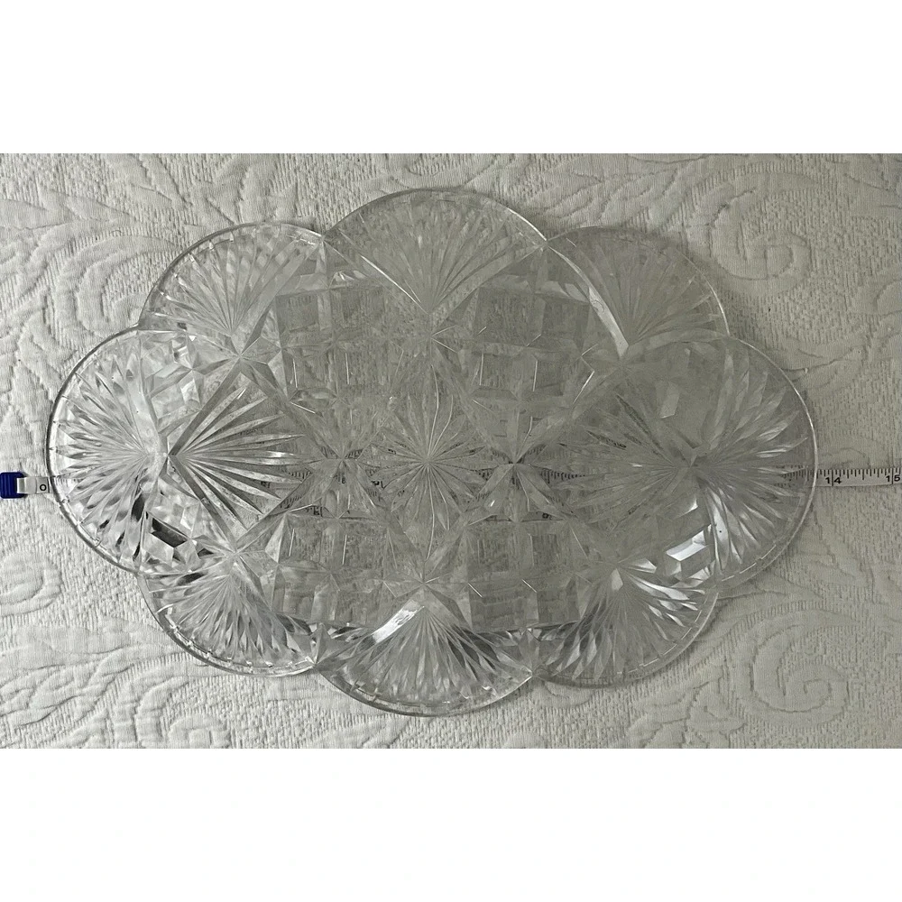 Vintage Pressed Maganese Glass‎ Platter Plate Fan Starburst Cane 14X8.5 EAPG